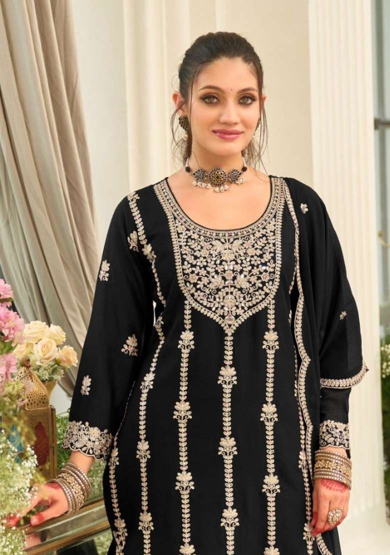Black Embroidery Chinon Kurta Set - Indya