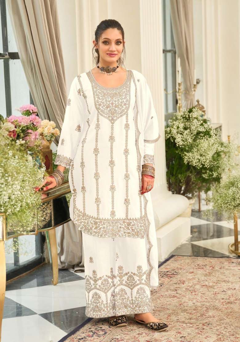 White Embroidery Chinon Kurta Set - Indya