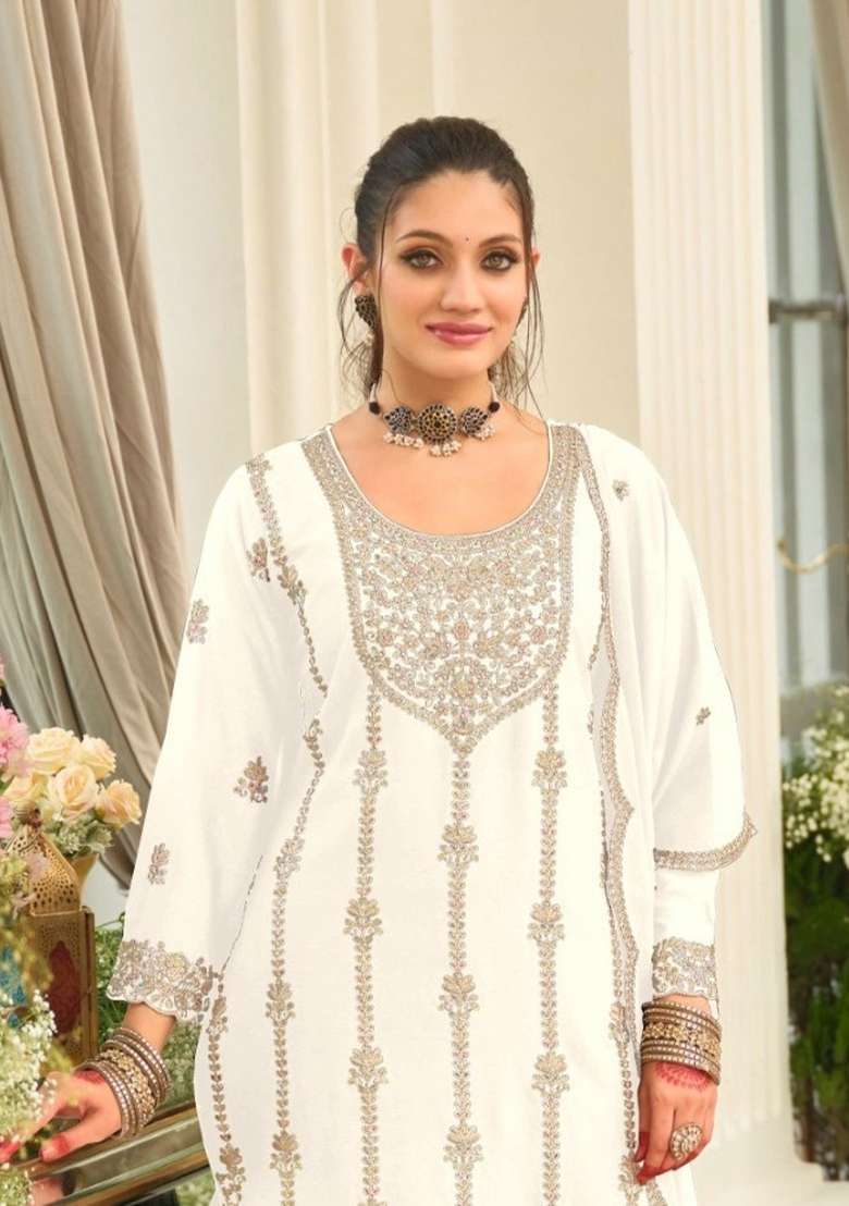 White Embroidery Chinon Kurta Set - Indya