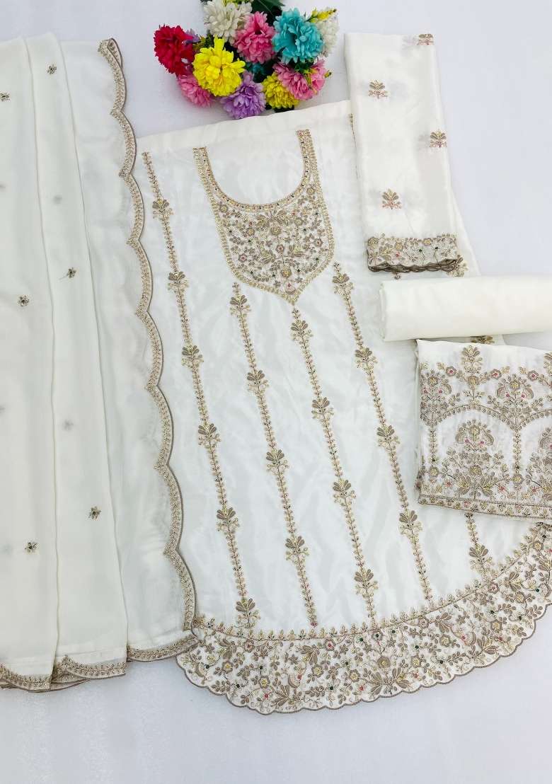 White Embroidery Chinon Kurta Set - Indya