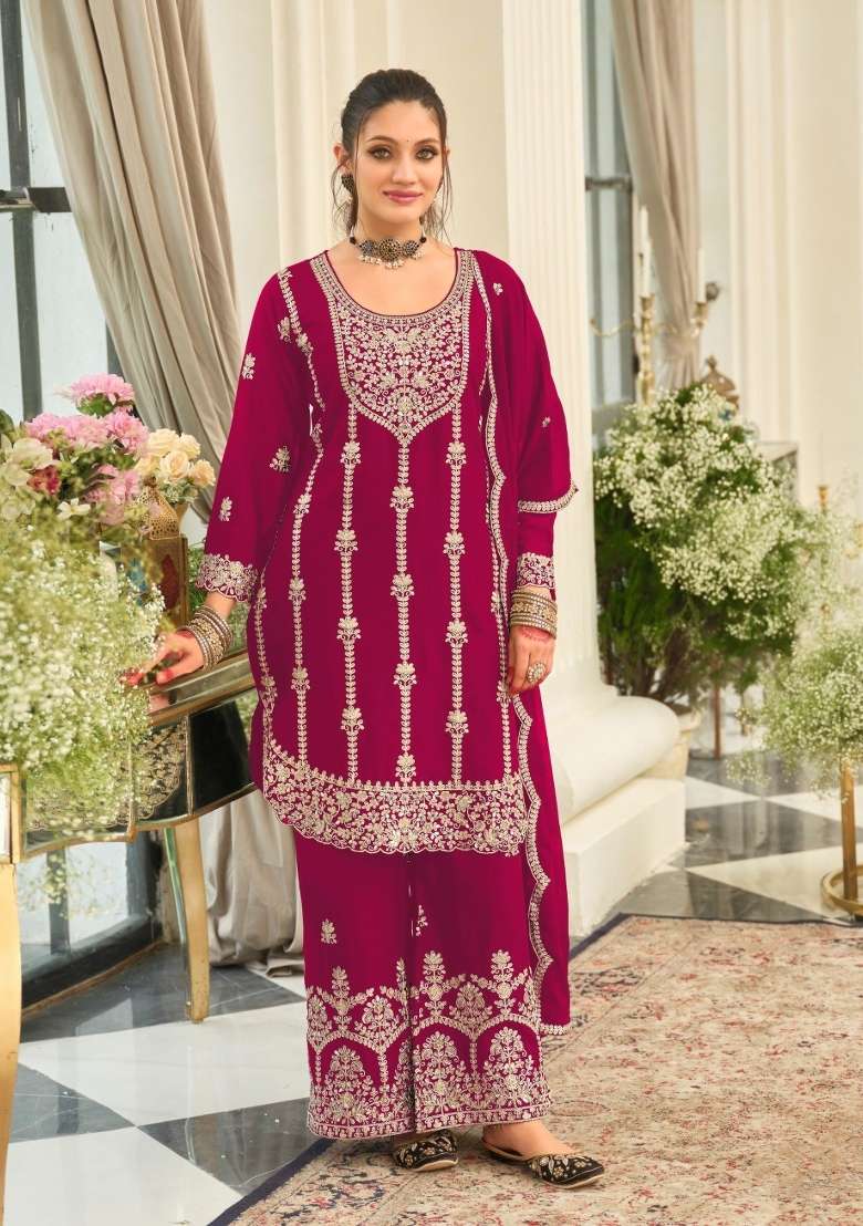 Red Embroidery Chinon Kurta Set - Indya