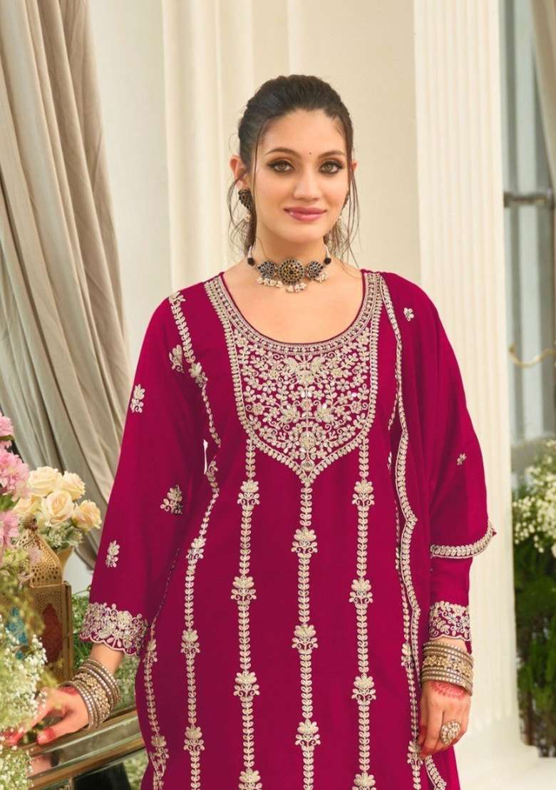 Red Embroidery Chinon Kurta Set - Indya