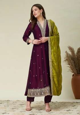 Dark Purple Embroidery Vichitra Kurta Set
