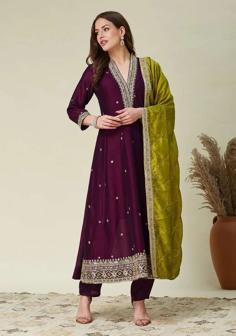 Dark Purple Embroidery Vichitra Kurta Set - Indya