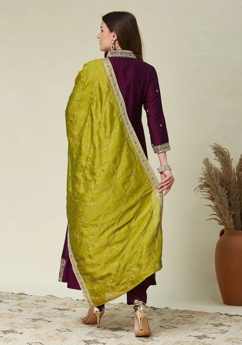 Dark Purple Embroidery Vichitra Kurta Set - Indya