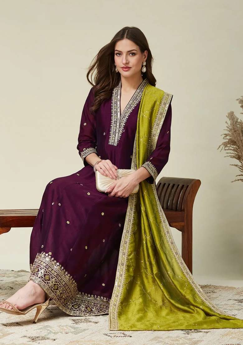 Dark Purple Embroidery Vichitra Kurta Set - Indya