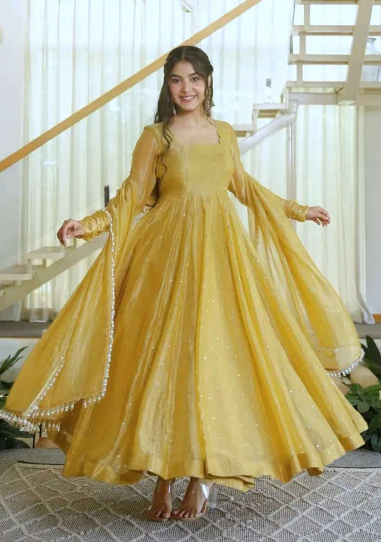 Golden Foil Work Silk Anarkali Set - Indya