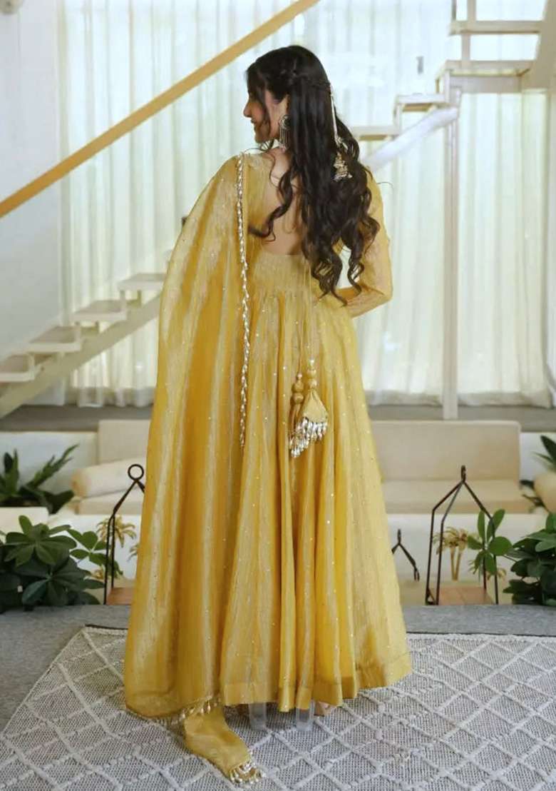 Golden Foil Work Silk Anarkali Set - Indya