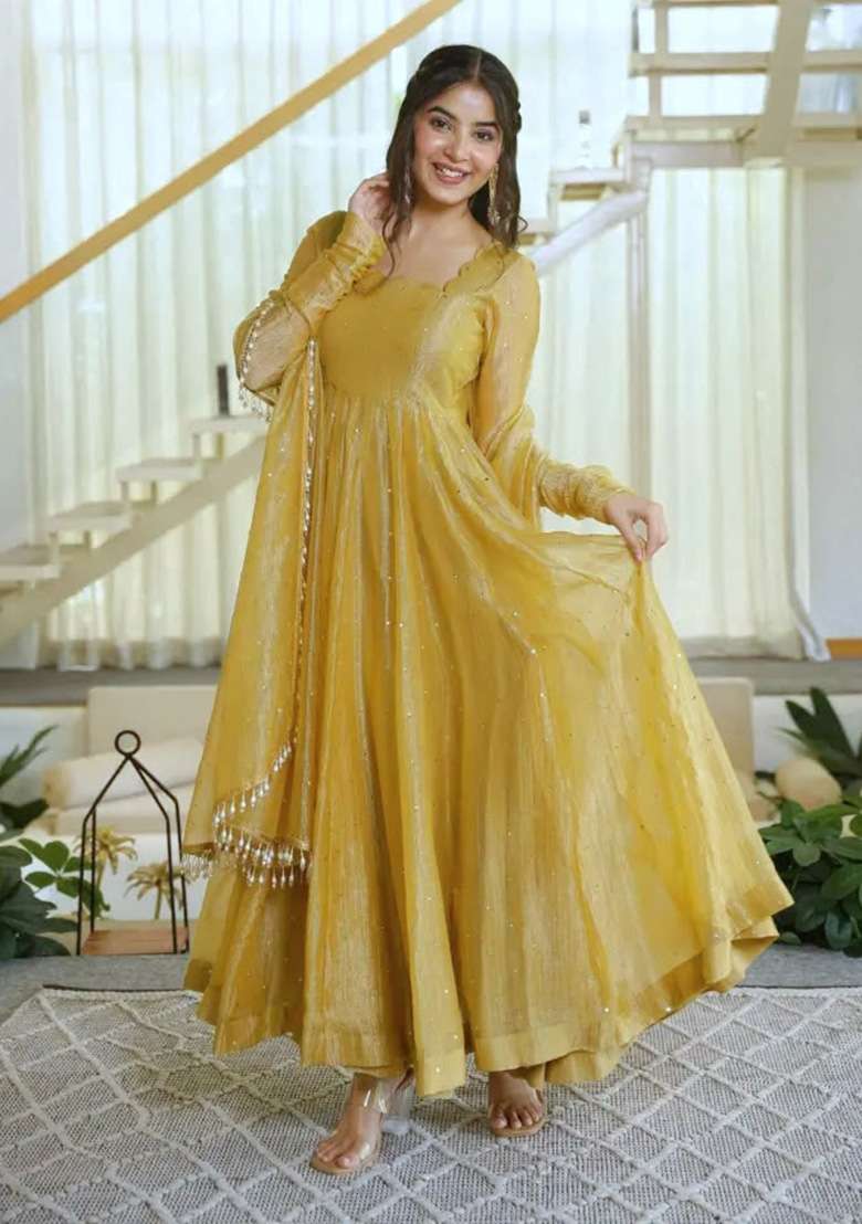 Golden Foil Work Silk Anarkali Set - Indya