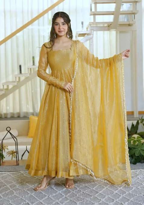 Golden Foil Work Silk Anarkali Set
