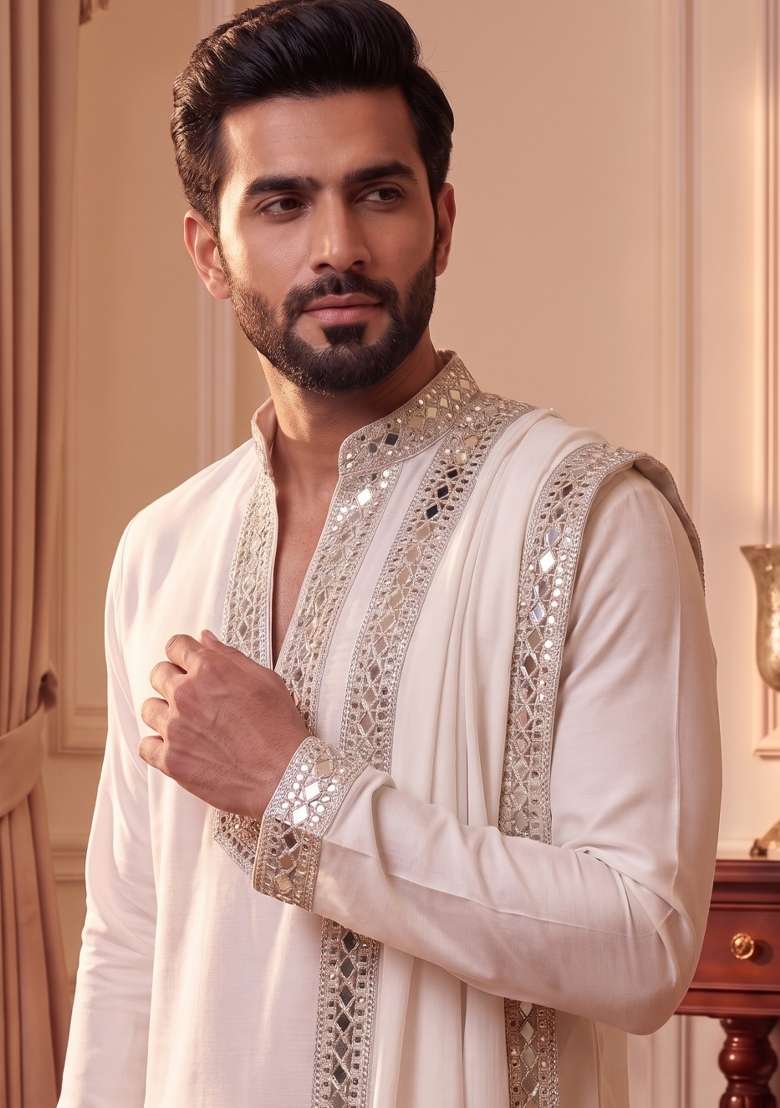 White Mirror Work Armani Straight Kurta Set - Indya