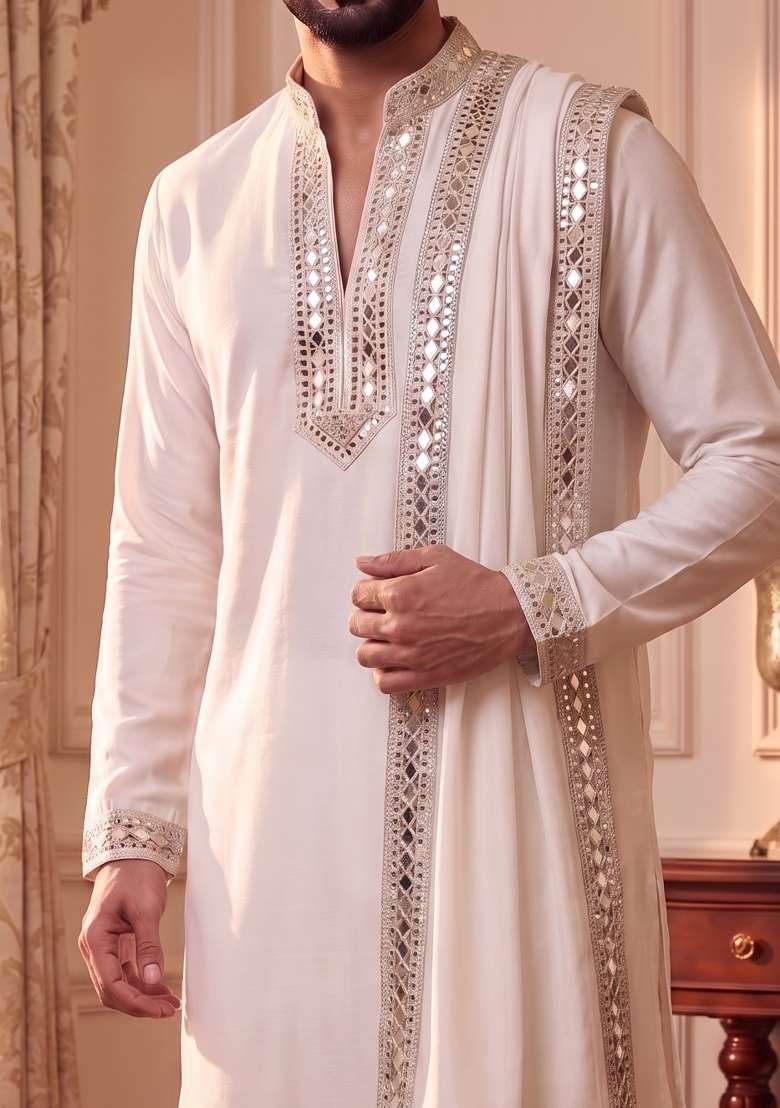 White Mirror Work Armani Straight Kurta Set - Indya