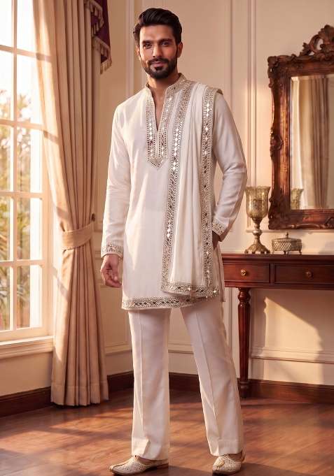 White Mirror Work Armani Straight Kurta Set
