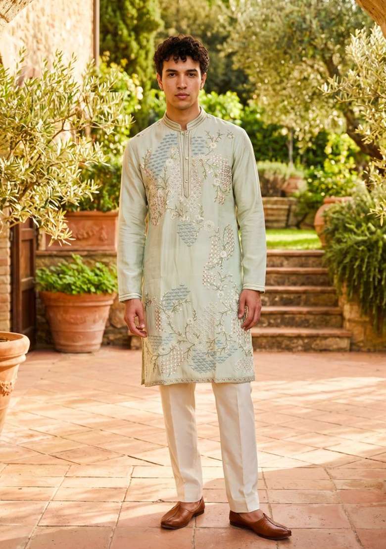 Sky Blue Embroidery Tissue Straight Kurta Set - Indya