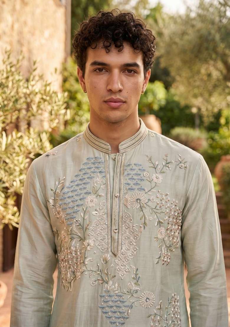 Sky Blue Embroidery Tissue Straight Kurta Set - Indya