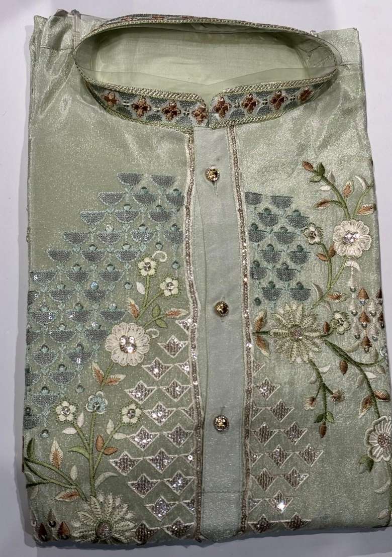Sky Blue Embroidery Tissue Straight Kurta Set - Indya