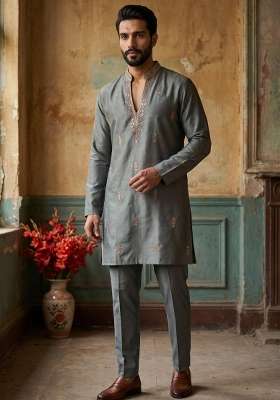 Grey Embroidery Silk Straight Kurta Set