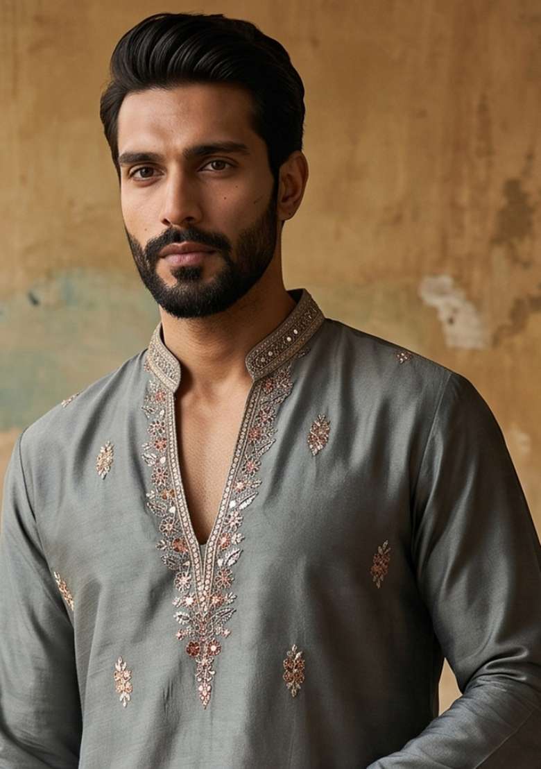Grey Embroidery Silk Straight Kurta Set - Indya