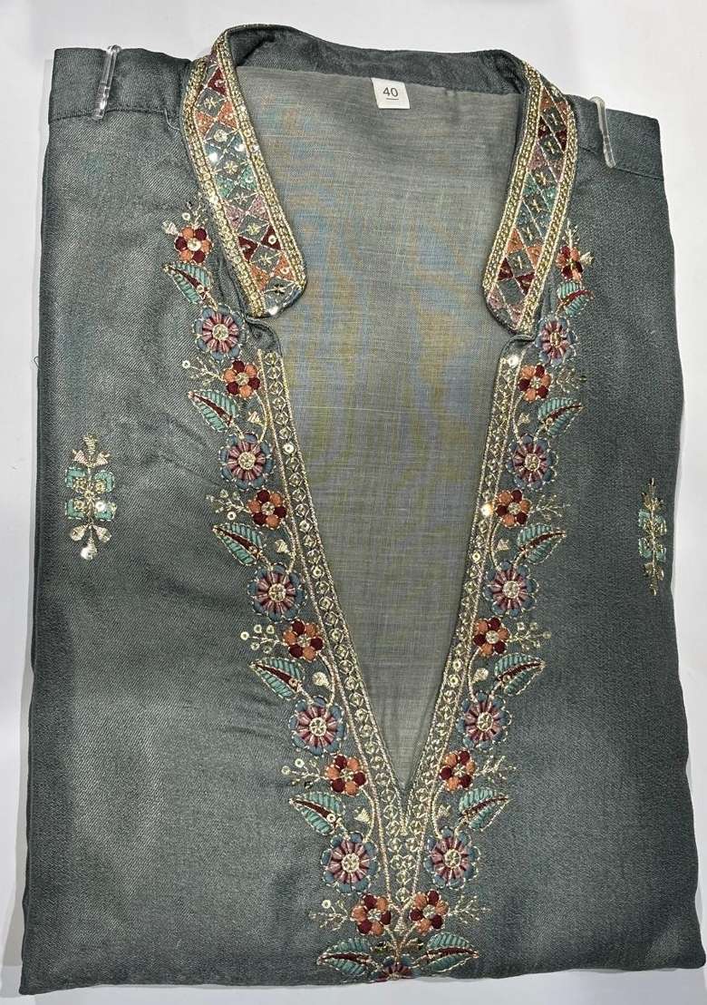 Grey Embroidery Silk Straight Kurta Set - Indya