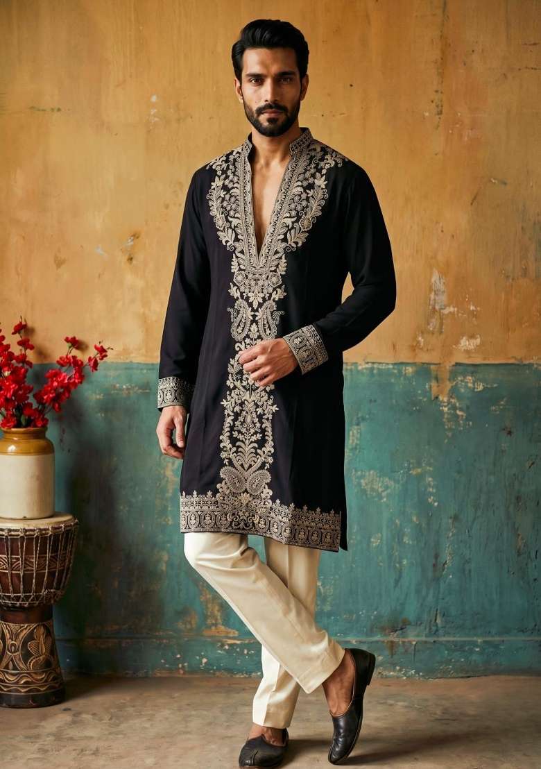 Black Embroidery Cotton Straight Kurta Set - Indya