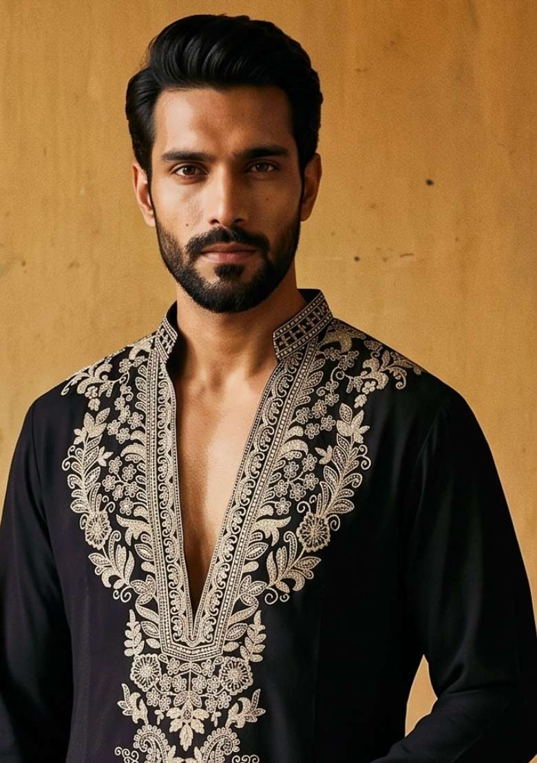 Black Embroidery Cotton Straight Kurta Set - Indya