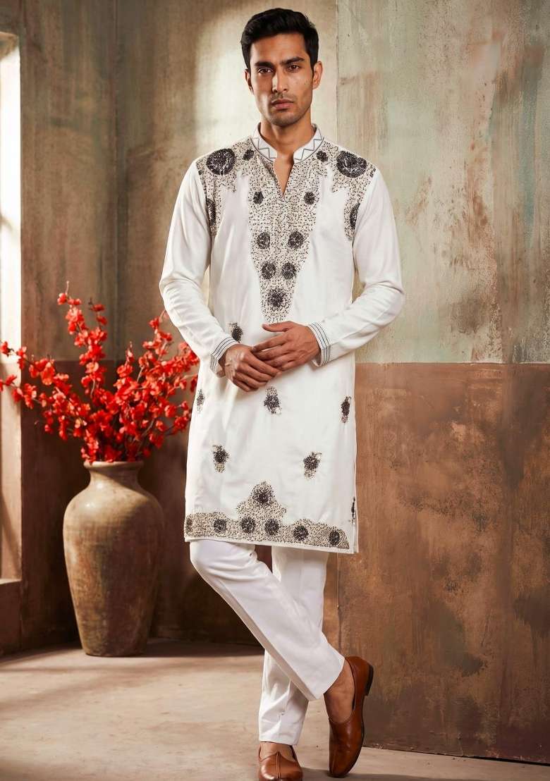 White Embroidery Armani Straight Kurta Set - Indya