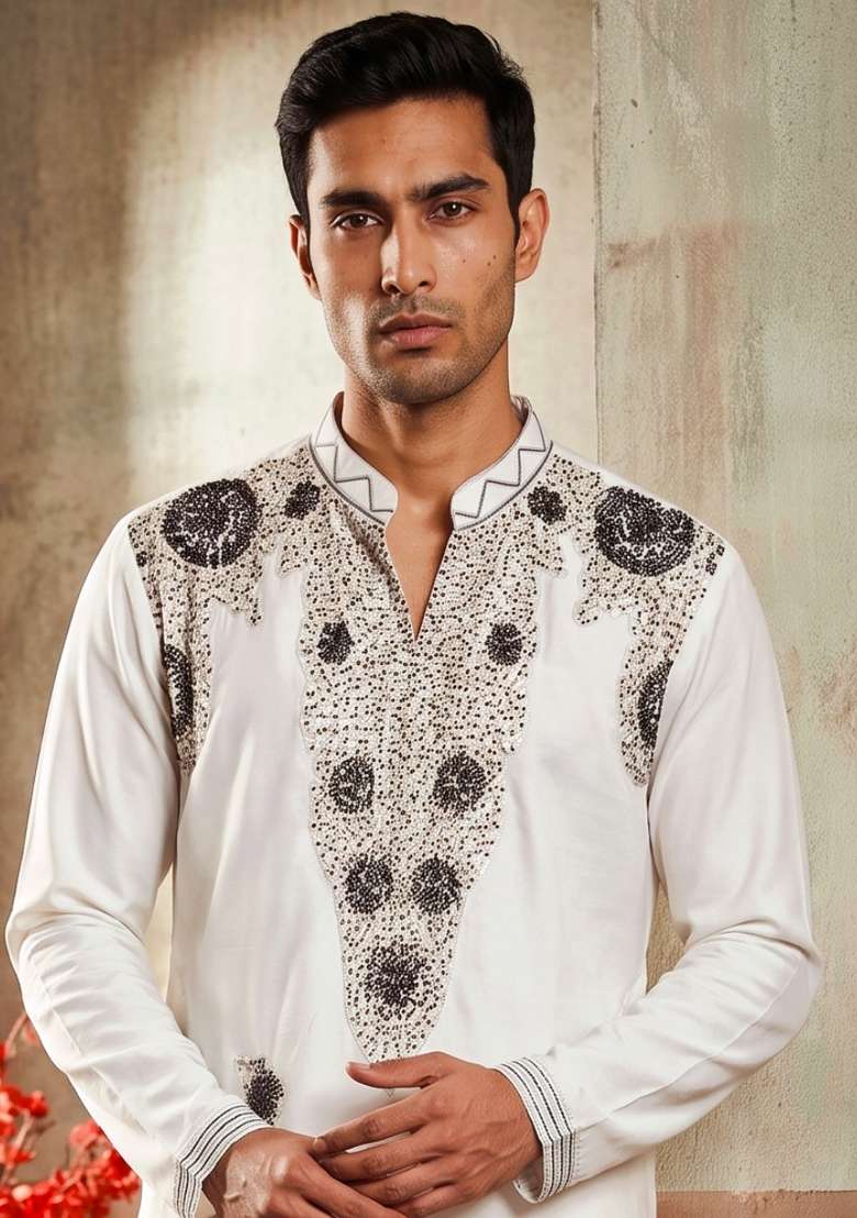 White Embroidery Armani Straight Kurta Set - Indya