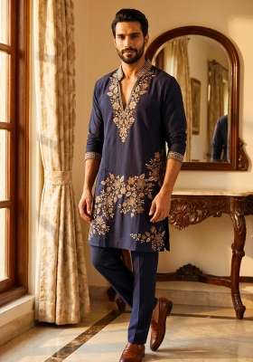 Navy Blue Embroidery Armani Straight Kurta Set