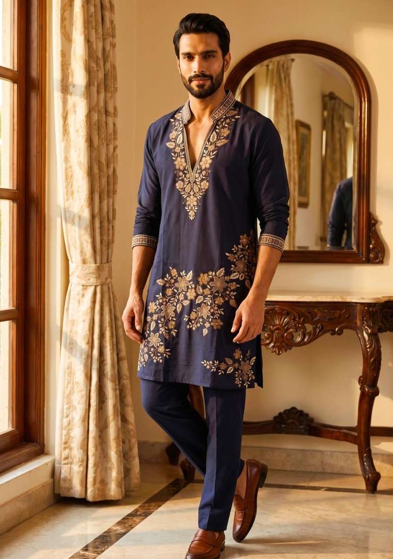 Navy Blue Embroidery Armani Straight Kurta Set - Indya
