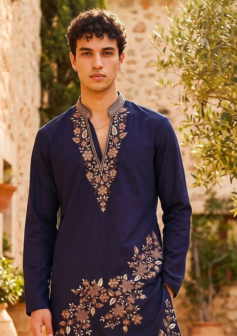 Navy Blue Embroidery Armani Straight Kurta Set - Indya