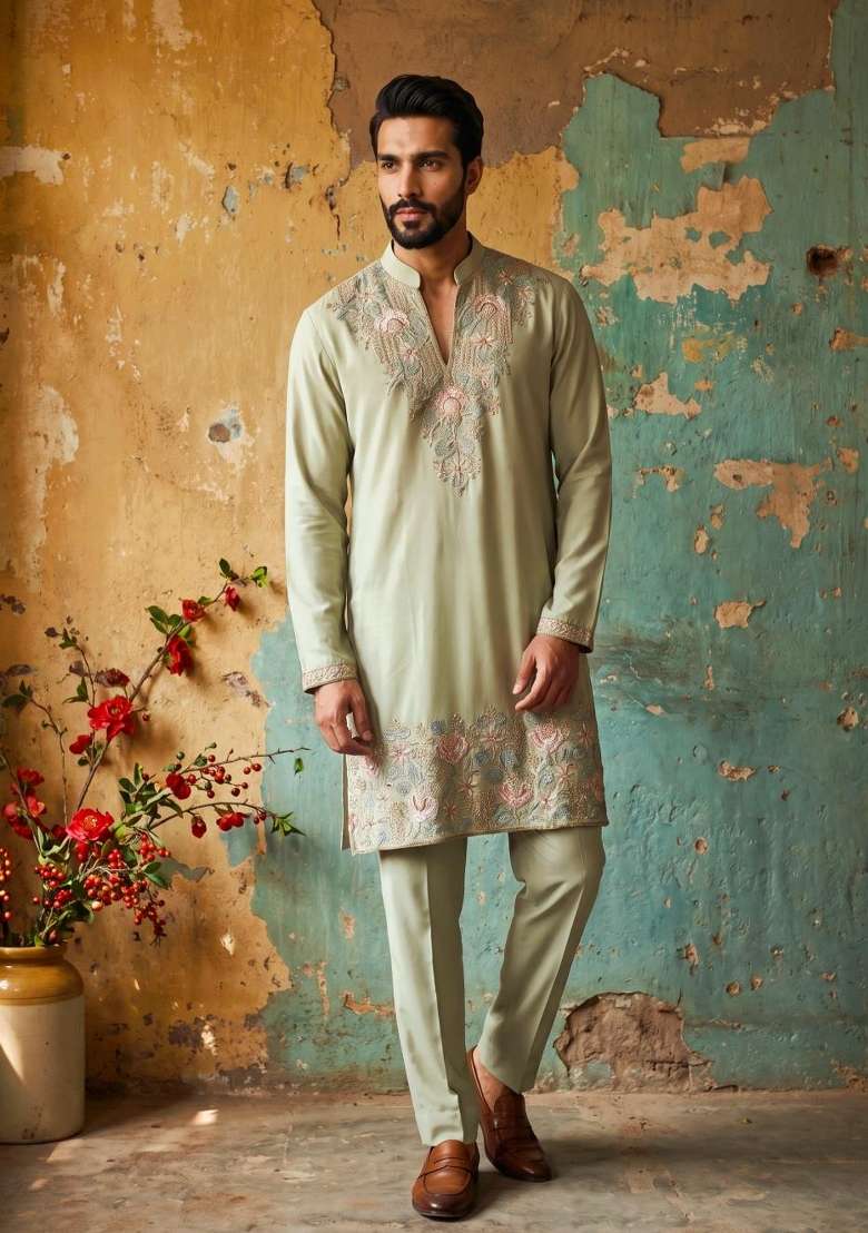 Light Green Embroidery Georgette Straight Kurta Set - Indya