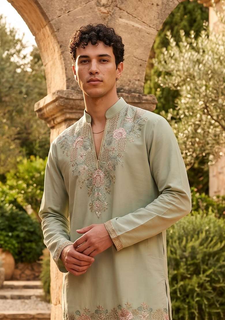 Light Green Embroidery Georgette Straight Kurta Set - Indya