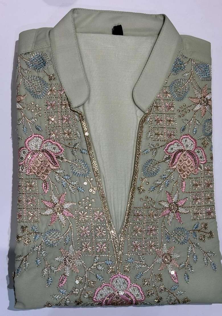 Light Green Embroidery Georgette Straight Kurta Set - Indya
