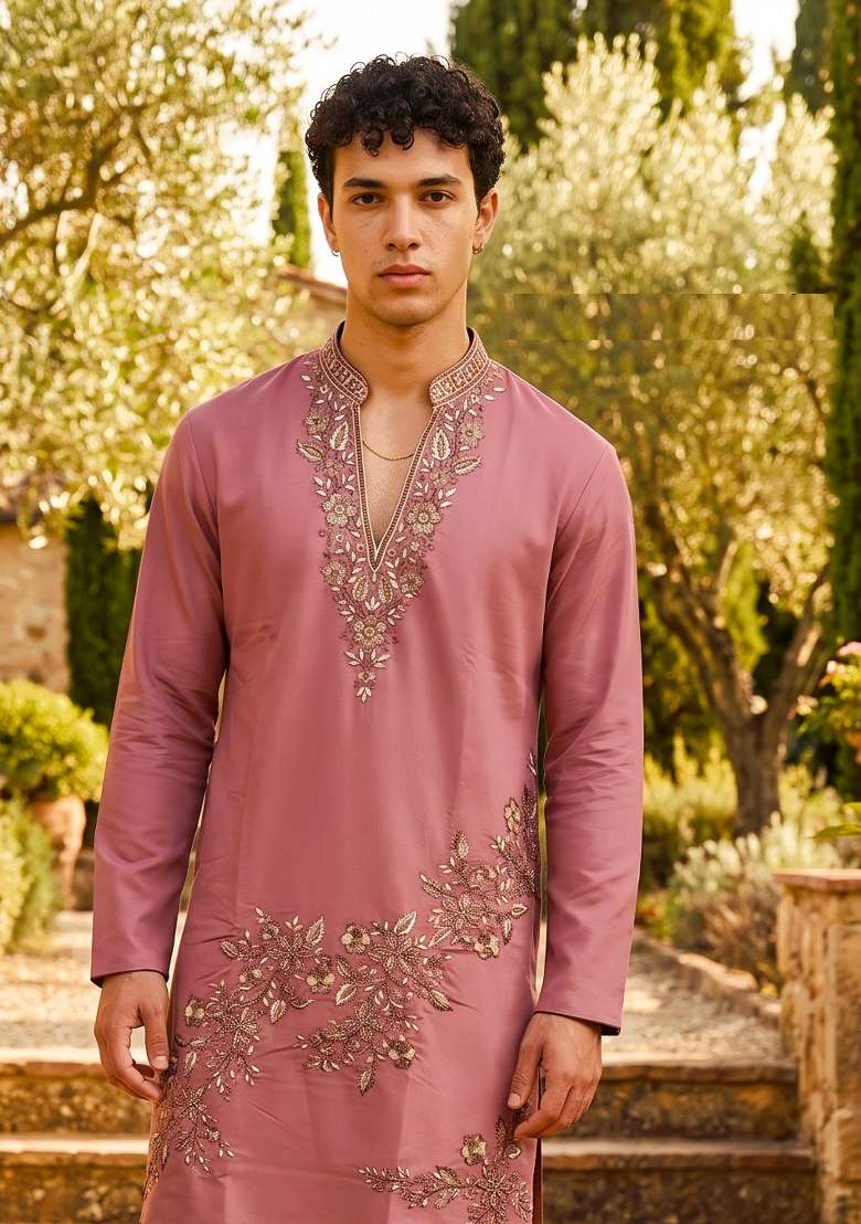 Peach Embroidery Armani Straight Kurta Set - Indya