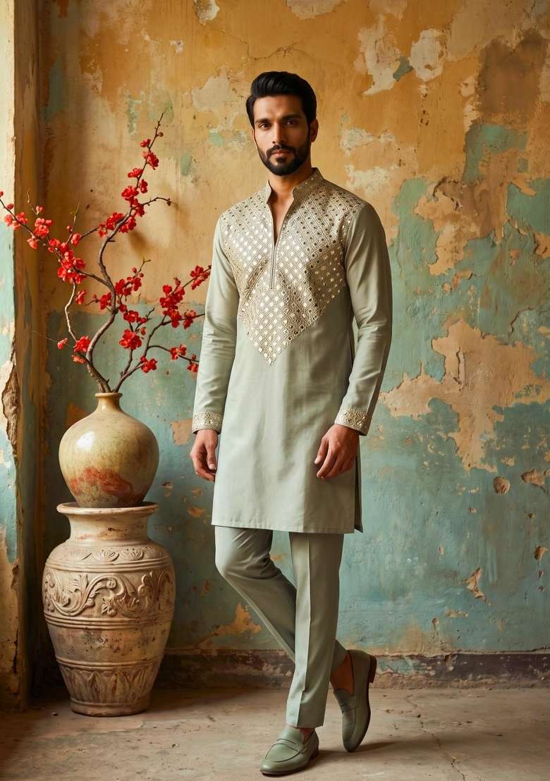 Light Green Embroidery Armani Straight Kurta Set - Indya