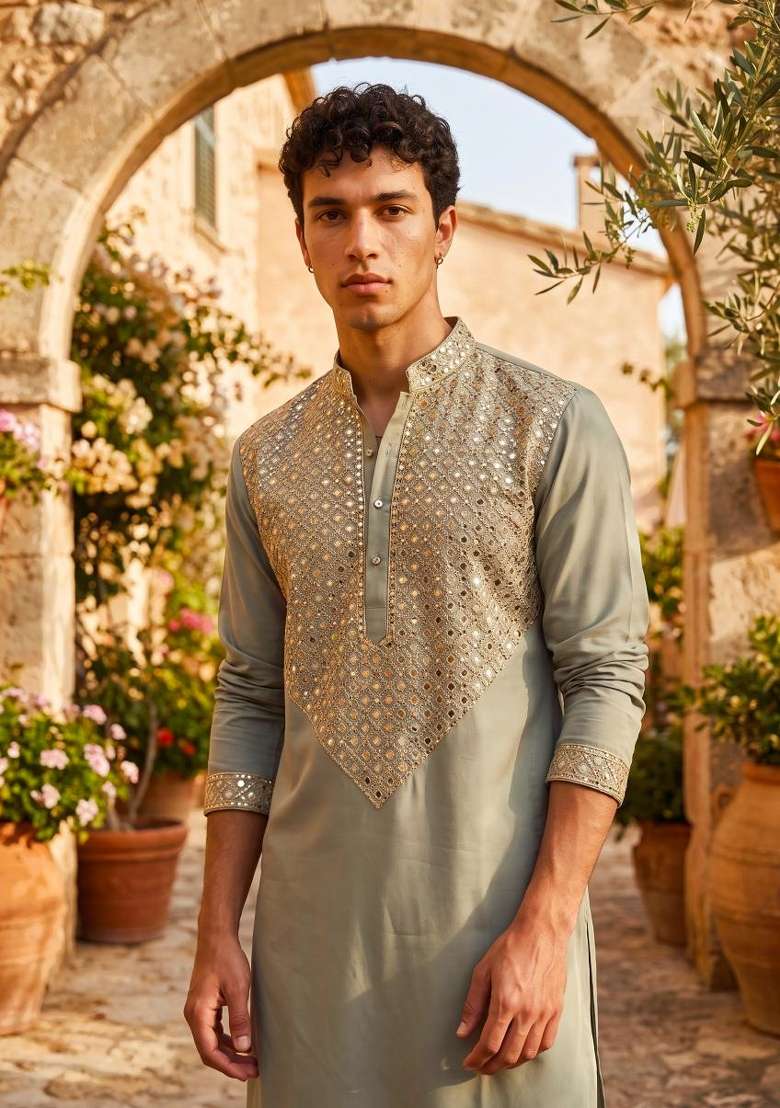 Light Green Embroidery Armani Straight Kurta Set - Indya