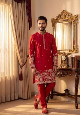 Rani Pink Embroidery Cotton Straight Kurta Set