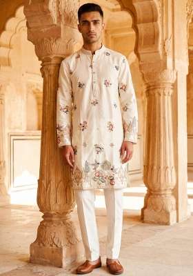 Cream Embroidery Armani Straight Kurta Set