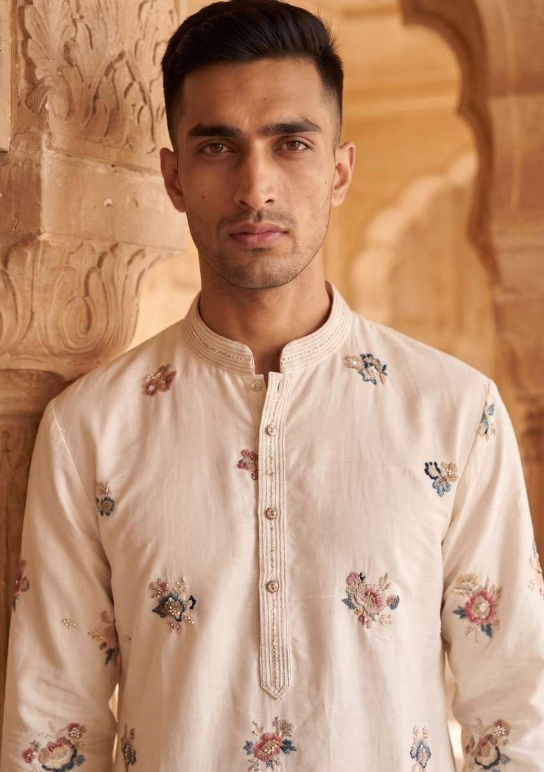 Cream Embroidery Armani Straight Kurta Set - Indya