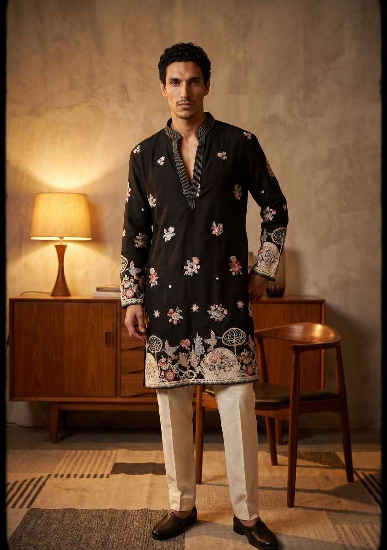Black Embroidery Armani Straight Kurta Set - Indya