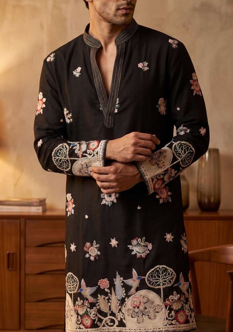 Black Embroidery Armani Straight Kurta Set - Indya
