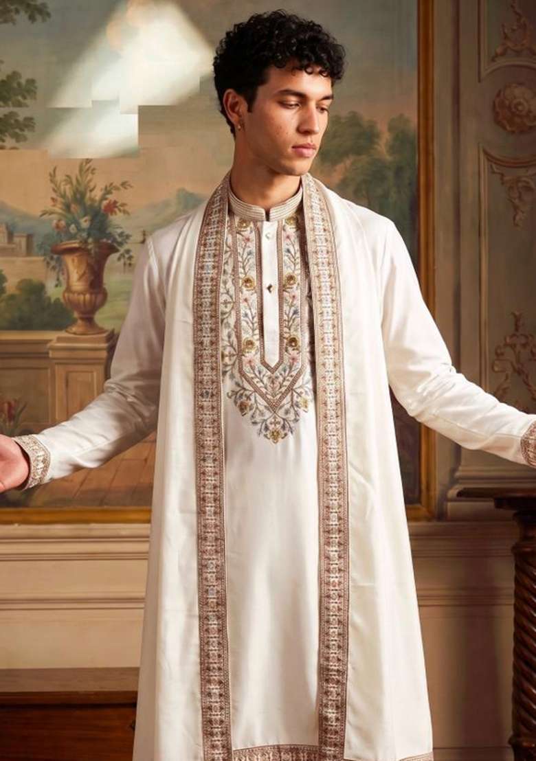 Cream Embroidery Armani Straight Kurta Set - Indya