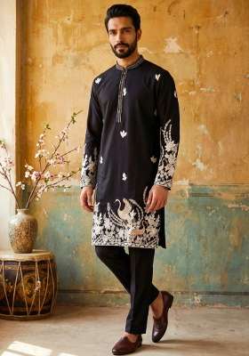 Black Embroidery Linen Straight Kurta Set