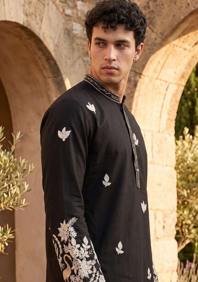 Black Embroidery Linen Straight Kurta Set - Indya
