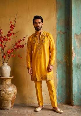Yellow Embroidery Shimmer Straight Kurta Set