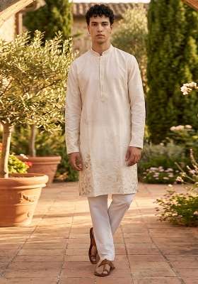 Cream Embroidery Linen Straight Kurta Set