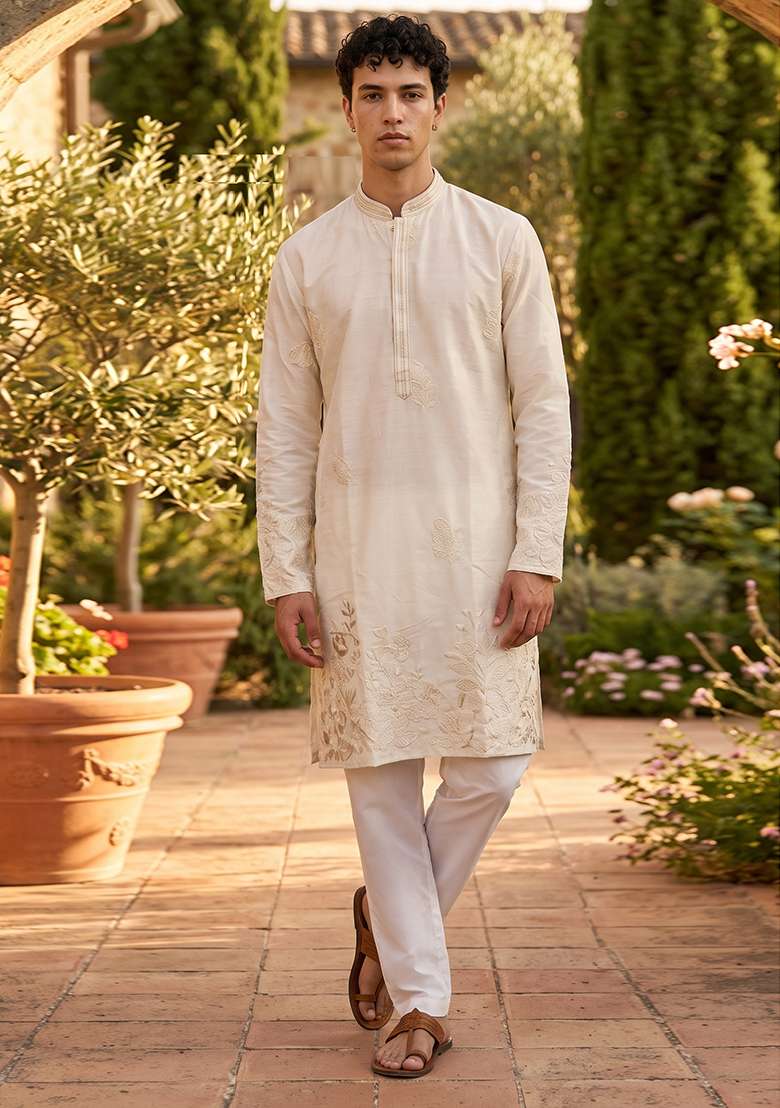 Cream Embroidery Linen Straight Kurta Set - Indya