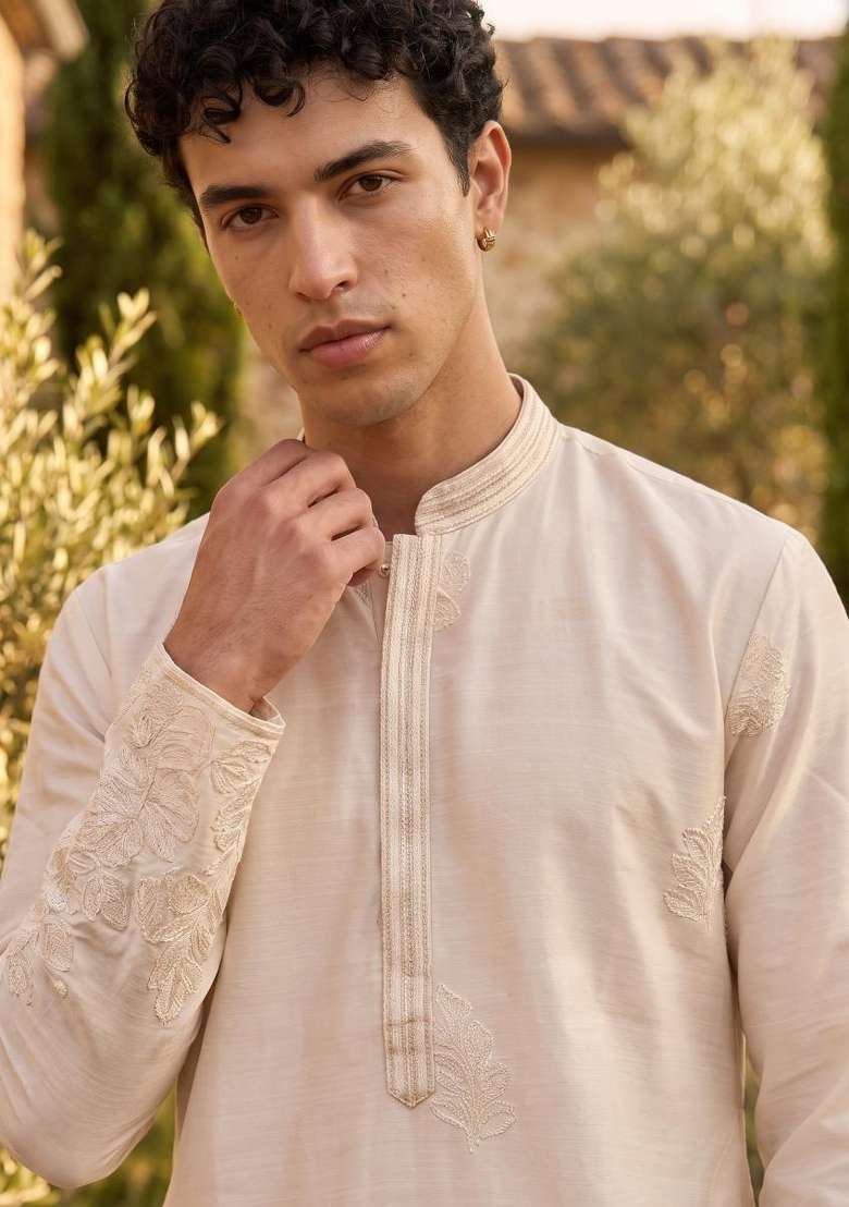 Cream Embroidery Linen Straight Kurta Set - Indya