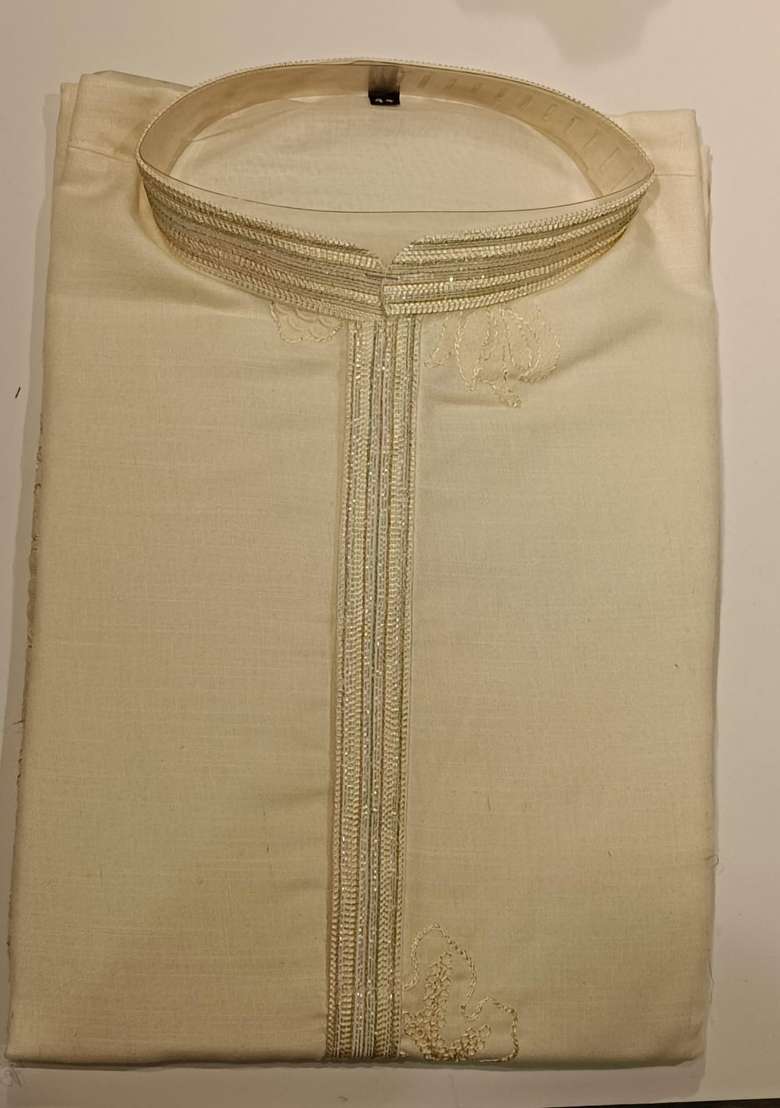 Cream Embroidery Linen Straight Kurta Set - Indya