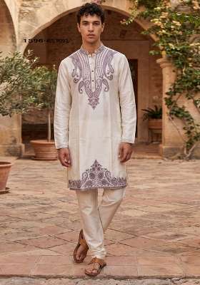 Cream Embroidery Silk Straight Kurta Set